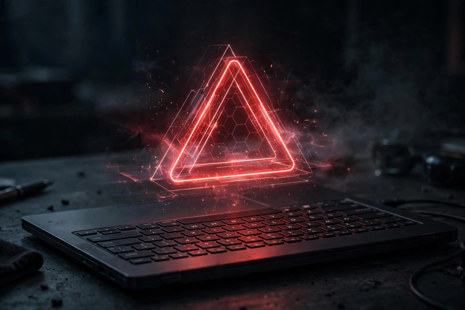 Red neon warning triangle hologram glowing above a laptop keyboard