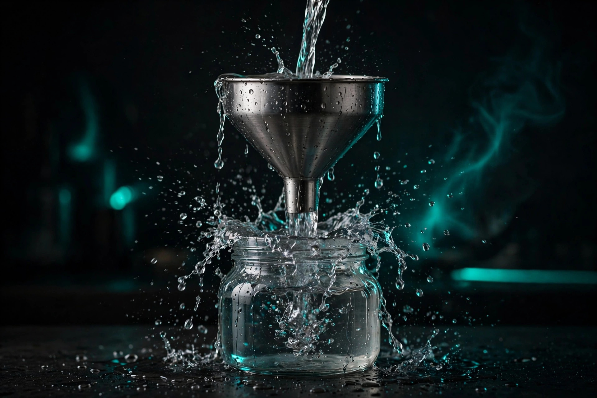 Water pouring through a funnel with droplets spilling past a glass jar