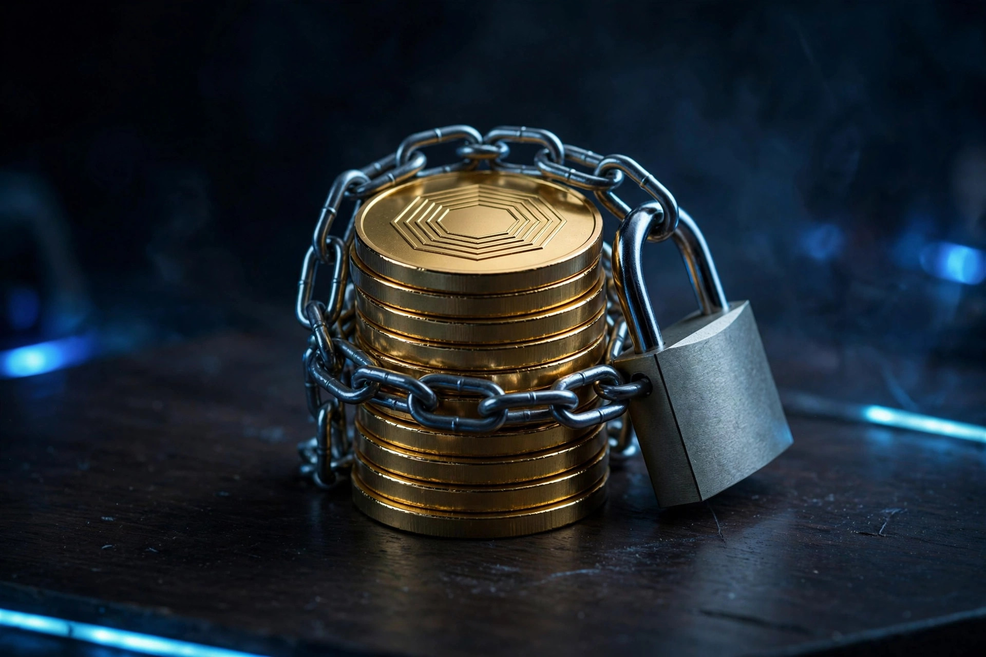Gold coins chained and padlocked on a dark desk with blue neon light